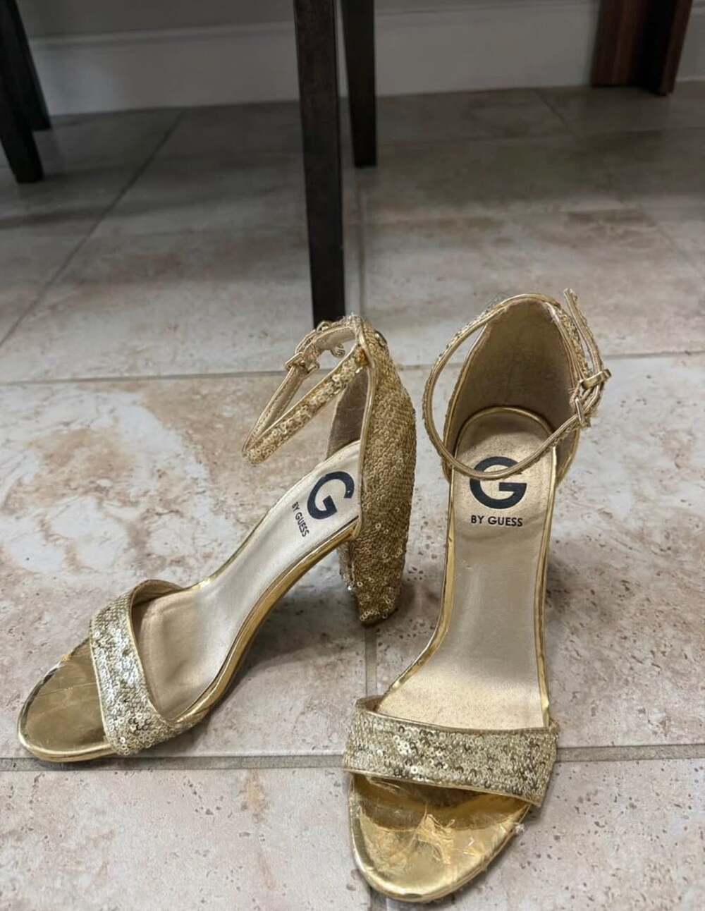 G by Guess Gold Sequins Ankle Strap Open Toe Block Heel Sandals